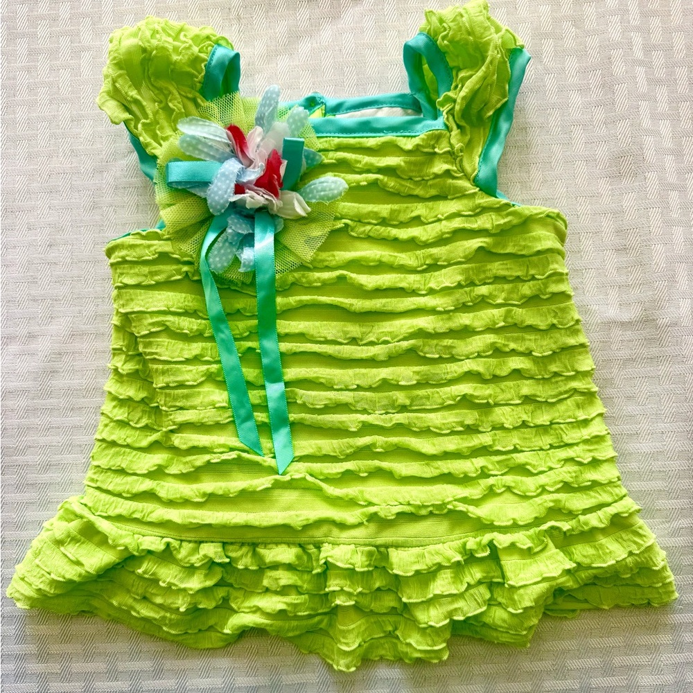 Rare Editions Baby Girl Lime Green Ruffle Dress‎ 6–9M Floral Accent Spring